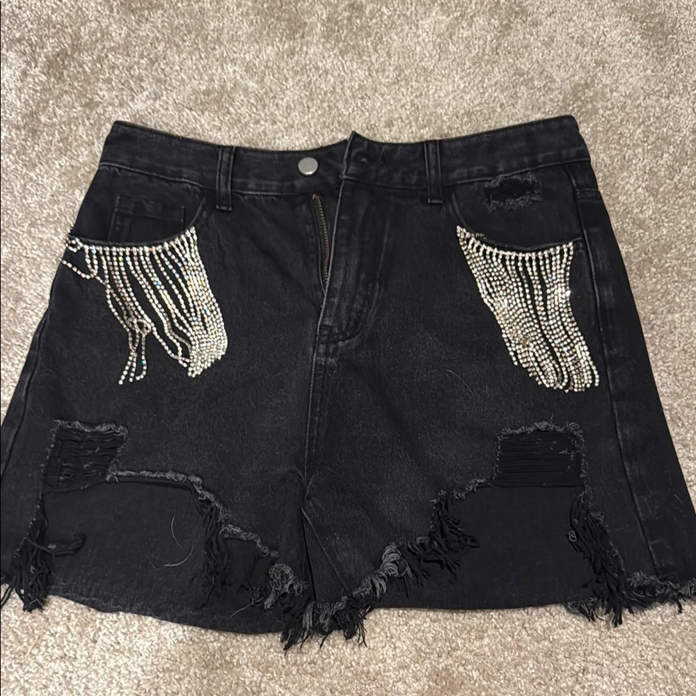 Embellished Black Denim Shorts